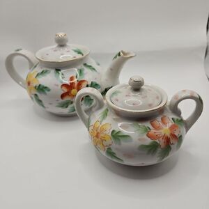 Vintage Springtime Sugar Bowl And Tea Pot Lidded Porcelain Floral Japan